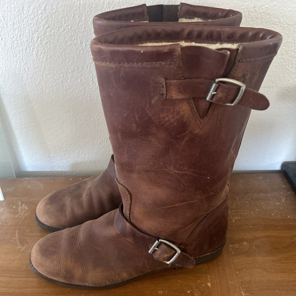 VTG LL Bean Womens 7 M Canada North Oiled Leather Shearling Brown Riding Boots